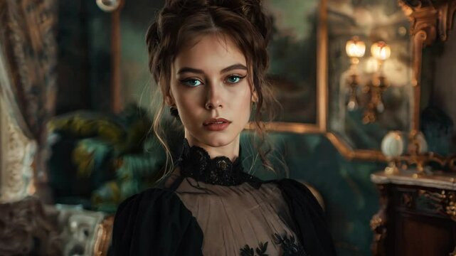 pretty woman wearing gorgeous black gown in 18th century Regency time mansion	
