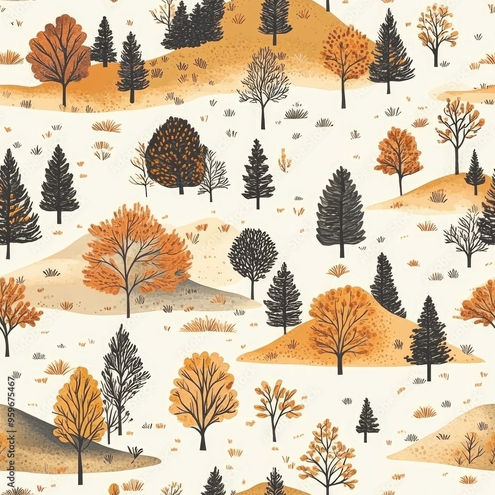 Poster Seamless autumn forest pattern with hills and yellow foliage