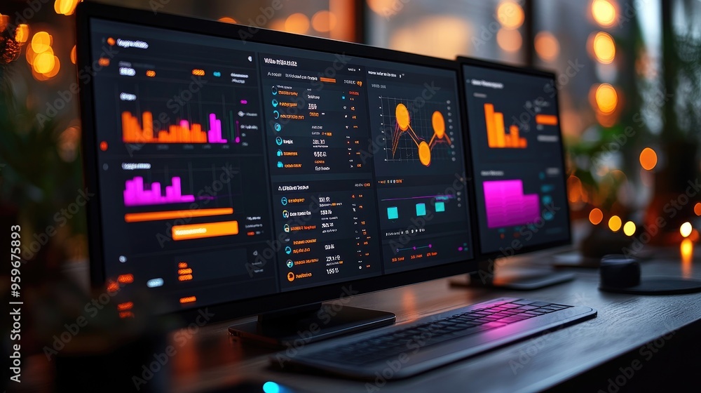 Poster Two computer monitors displaying business charts and data in an office setting