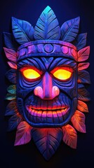 Glowing tiki mask glaring in a tropical jungle at night