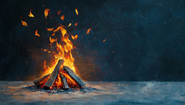 A surreal bonfire with multicolored flames creates warm and inviting atmosphere. vibrant fire contrasts beautifully against dark background, evoking sense of tranquility and wonder.