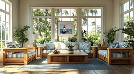 Obraz premium Coastal living room with traditional wooden furniture, striped blue and white cushions, and lighthouse decor accents, large windows allowing sunlight to brighten the space,