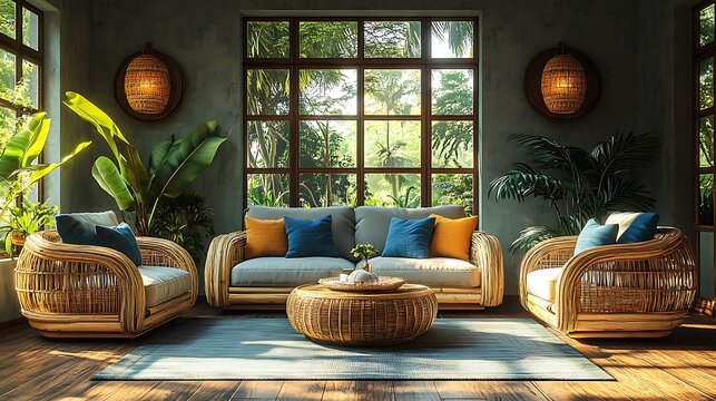 Coastal tropical escape living room featuring bamboo sofas, bright and bold cushions, and palm leaf-patterned walls, sunlight streaming through large windows,