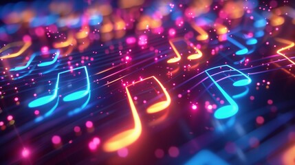 Neon musical background with musical notes.