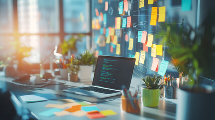 Modern workspace with a laptop displaying code, surrounded by sticky notes, a bulletin board, and potted plants, bathed in natural light.