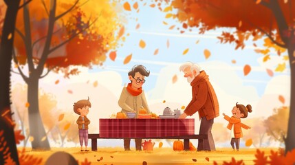 family grandparents with grandchildren gather outdoors for a cozy thanksgiving meal, surrounded by autumn colors and warm sunlight