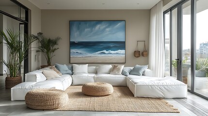 Contemporary coastal living room with sleek, modern furniture in white and coastal blue, abstract ocean art on the walls, and minimalist decor,