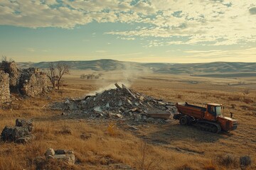 Obraz premium Demolished Building Remains and a Construction Truck on a Dry Field