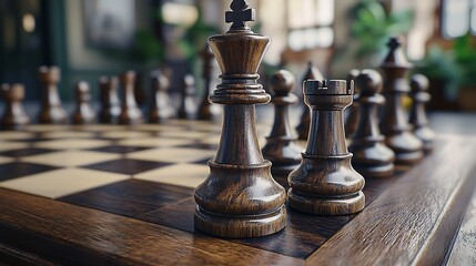 Fototapeta premium A detailed close-up of a timeless wooden chessboard highlights the artistry of the pieces, emphasizing the nuances of strategy.