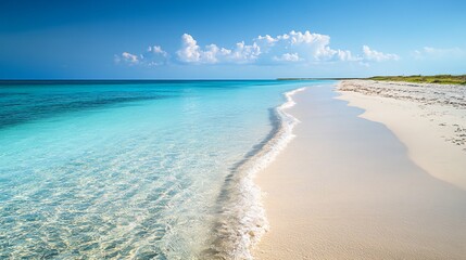 Obraz premium A beautiful view of a pristine white sandy beach with crystal clear blue water.