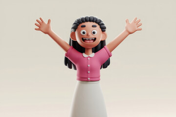 Laughing jumping cartoon character child girl portrait hands up 3d style design light background.