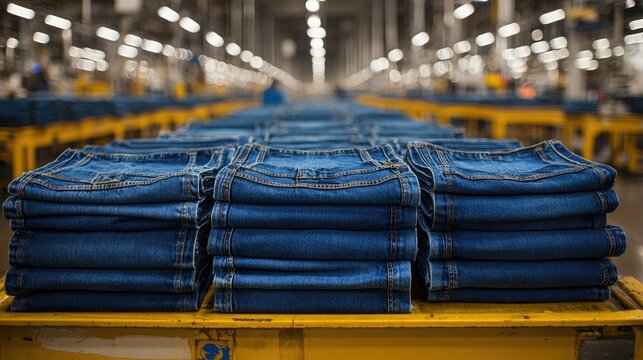 Stacks of blue jeans awaiting shipping in garment factory