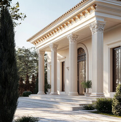 Obraz premium a high single-story house facade with classical Greek architecture. The design Greek moldings and Greek-style windows