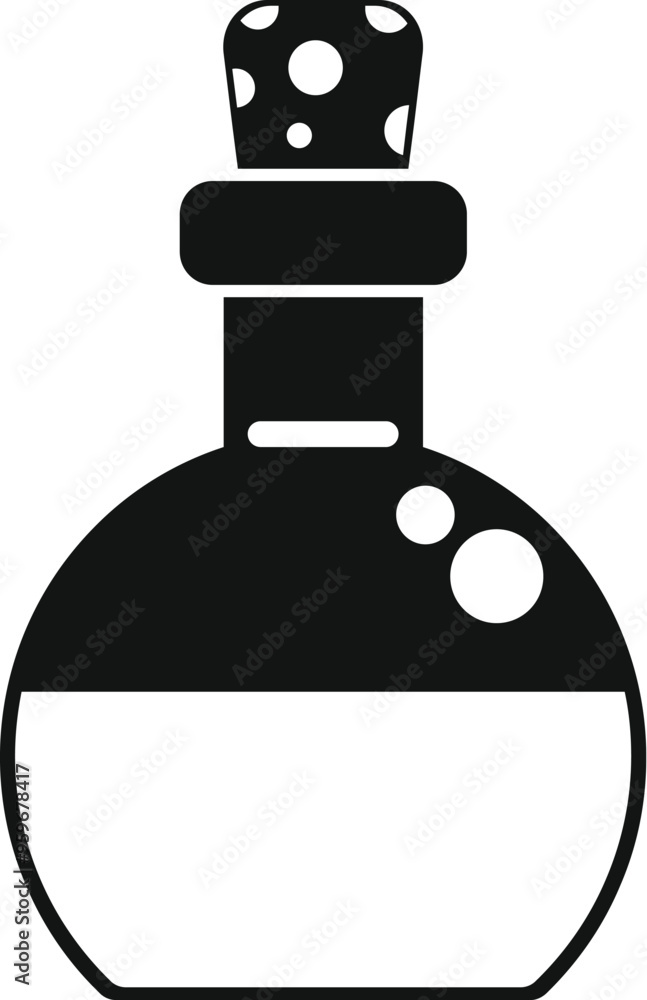 Poster simple icon of a round glass flask containing a bubbling potion with cork