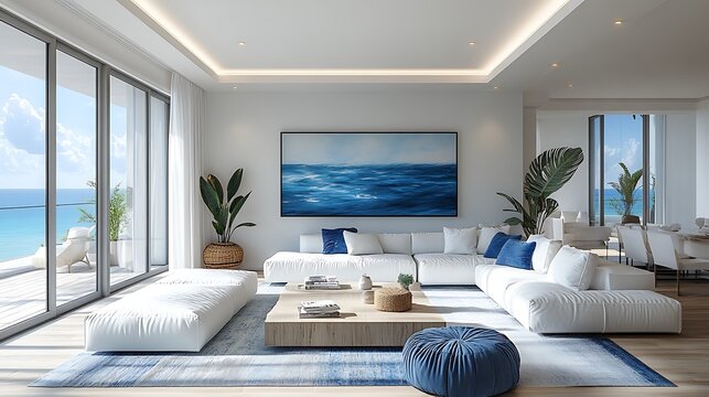 Marine modern living room featuring sleek white sofas, coastal blue accents, abstract ocean art, and minimal decor, large windows bringing in soft sunlight,