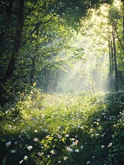 Obraz premium A serene woodland at sunrise, where soft sunlight dances through lush foliage, creating gentle shadows upon a bed of blooming wildflowers.