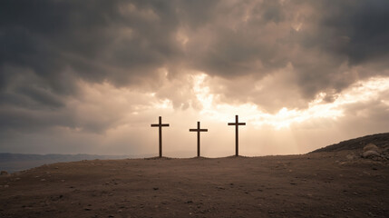 Obraz premium dark, stormy sky looms over three crosses on Golgotha, emphasizing the solemnity of Jesus Christ's sacrifice. The rugged landscape and dramatic lighting evoke themes of redemption