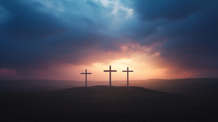 Obraz premium dark, stormy sky looms over three crosses on Golgotha, emphasizing the solemnity of Jesus Christ's sacrifice. The rugged landscape and dramatic lighting evoke themes of redemption