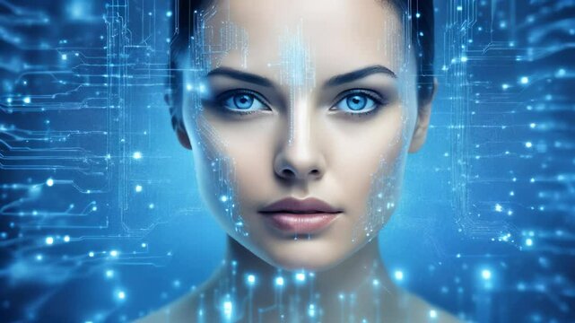 Blue-Eyed Woman with Digital Facial Markings