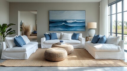 Modern coastal living room with streamlined furniture in shades of blue and white, abstract ocean-inspired art, and minimalistic decor, bathed in soft natural light from large windows, hd quality,