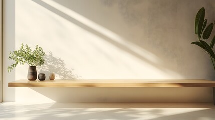 A beautiful, empty wooden tabletop counter in a clean, bright interior, ready for display or product montage.