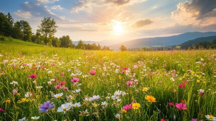 Colorful wildflowers bloom in a grassy meadow with a mountain backdrop and a setting sun in the distance.