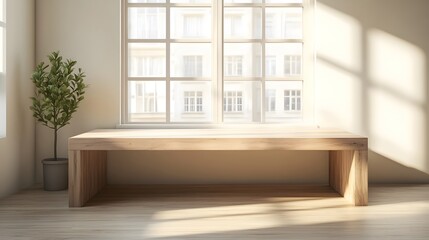 A beautiful, empty wooden tabletop counter in a clean, bright interior, ready for display or product montage.