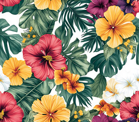 Fototapeta premium 4. Intricate botanical pattern showcasing a mix of tropical flowers and exotic leaves in bright, bold colors on a white background 