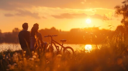 Fototapeta premium Couple Enjoys a Beautiful Sunset by the Lake with a Bicycle Nearby