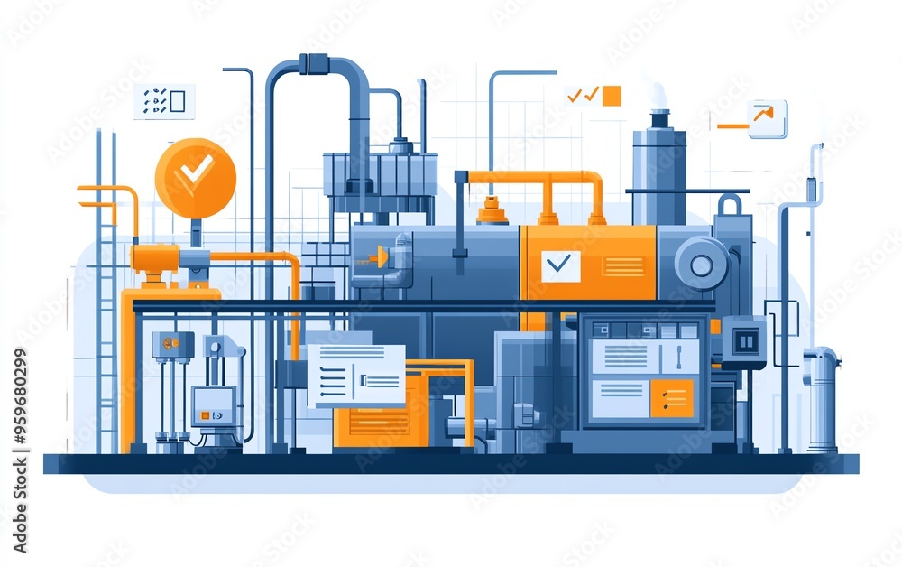 Poster illustration of industrial automation concept, featuring workflow optimization and checkboxes, empha