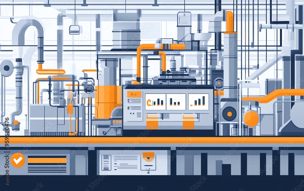 Poster illustration of industrial automation, focusing on business process workflow optimization, with chec