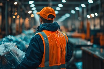Obraz premium A worker in an orange vest and cap stands in a factory
