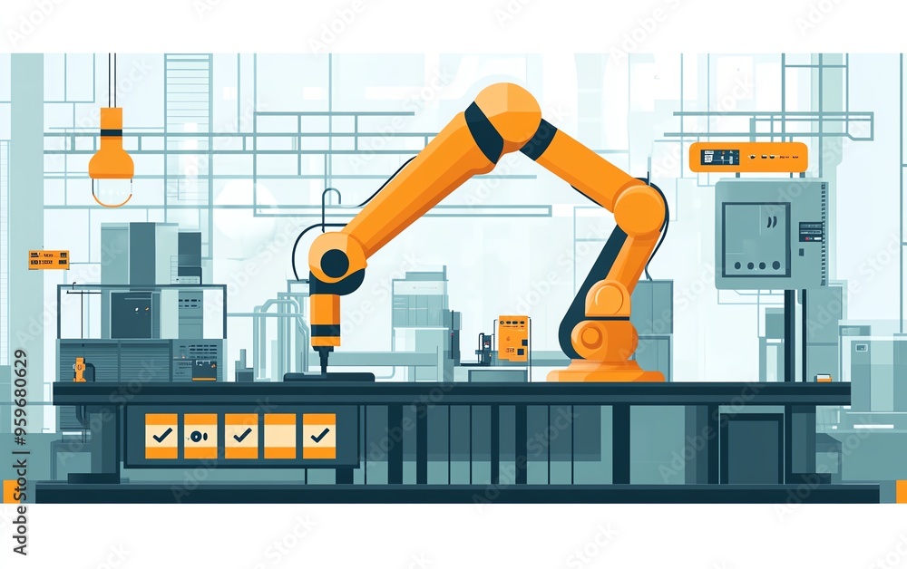 Poster illustration of industrial automation, focusing on business process workflow optimization, with chec