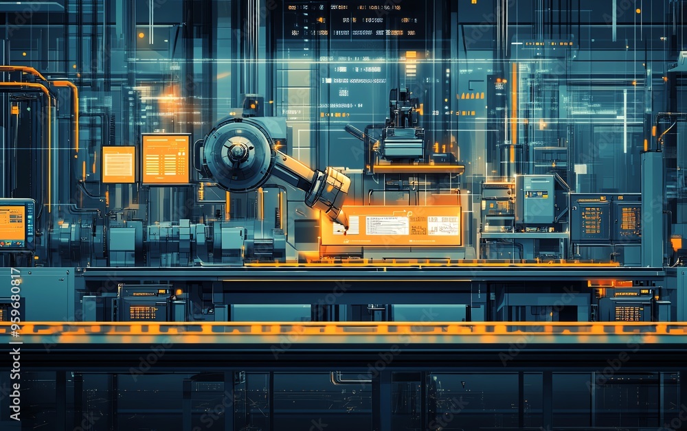 Poster illustration of industrial automation concept, featuring workflow optimization and checkboxes, empha