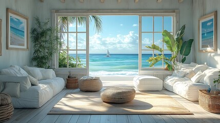 Seaside living room with vintage-style furniture in coastal hues, nautical wall art, and a comfortable reading nook by a window overlooking the ocean, warm natural light filling the room, hd quality,