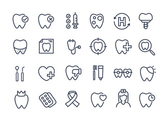 Dental icon set. containing tooth, dentist, toothpaste, toothbrush, teeth, implant and dentistry icons. can be used in children dentist clinic. medical health and dentistry concept.