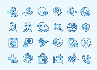 Health care and medical icon set. icons for hospital, health care, emergency, doctor, diagnosis, report, illness, ambulance and more. vector design.