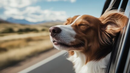 Fototapeta premium Happy Dog Enjoying a Car Ride with Head Out the Window on a Sunny Day in the Countryside