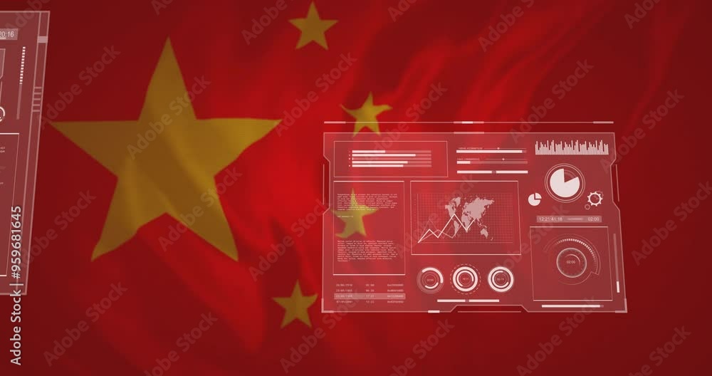 Aufkleber data analytics and global statistics animation over chinese flag background