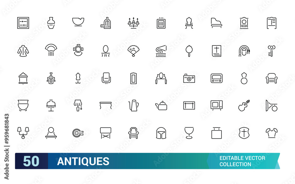 Poster set of thin line antiques icons. pixel perfect, editable stroke, up scalable square line vector icon