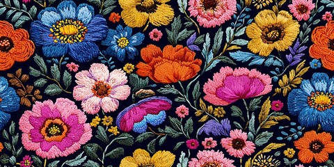 Seamless embroidery design featuring exquisite blooms on a deep backdrop, ideal for stylish fabric and paper applications.