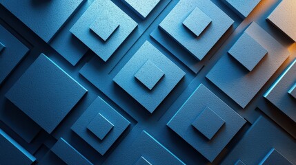 3D blue squares pattern with deep shadows and layered depth, vibrant gradients, dynamic lighting. Abstract and Minimalistic Design Backgrounds