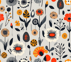 7. Modern floral pattern featuring geometric shapes and stylized flowers in contrasting bright and neutral tones on a light grey background 