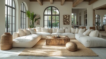 A beachcomber’s paradise with sandy-toned sofas, driftwood furniture, and a collection of seashells and coastal art, sunlight streaming through large windows, creating a bright and cozy living room,