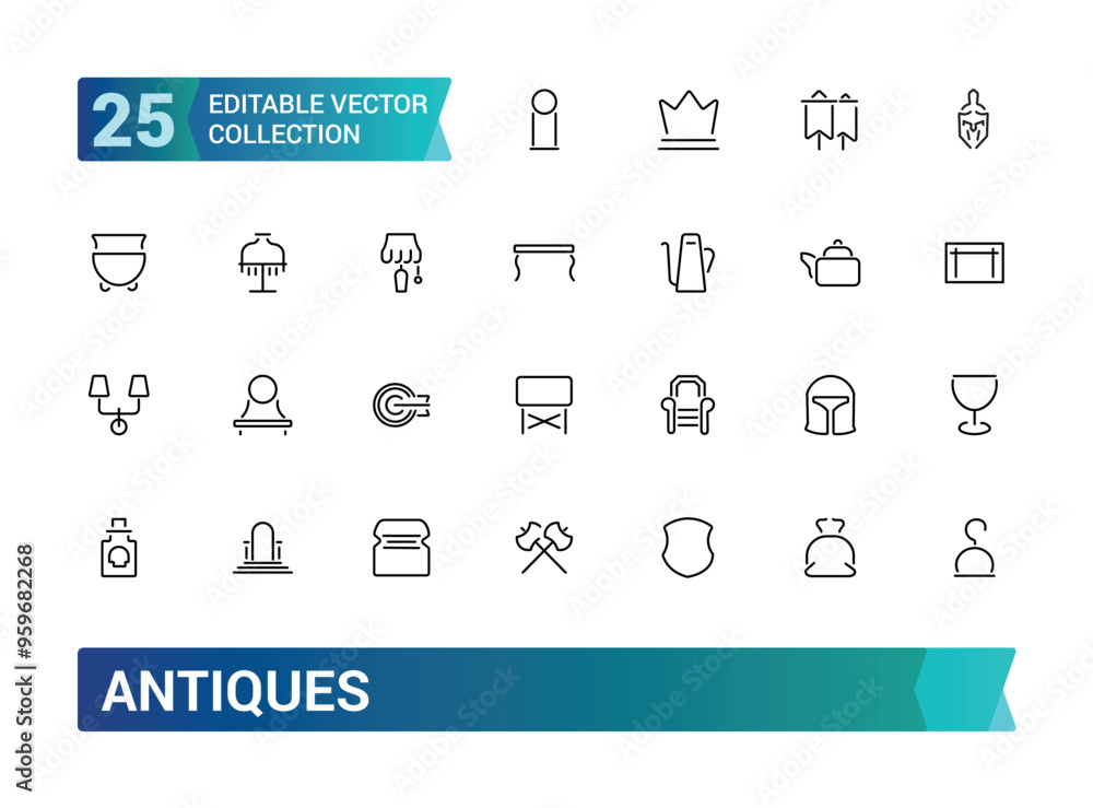 Poster set of thin line antiques icons. pixel perfect, editable stroke, up scalable square line vector icon