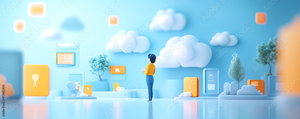 Poster modern flat design 3d illustration of qadir using cloud computing, userfriendly cloud storage access