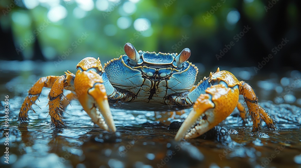 Wall mural A vibrant crab with blue and orange colors in a natural habitat.