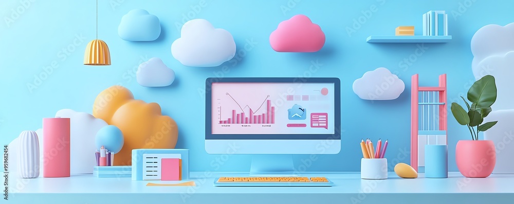 Poster modern flat design 3d illustration of qadir using cloud computing, userfriendly cloud storage access