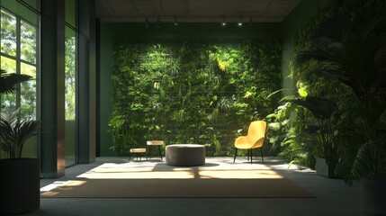 Fototapeta premium Modern Indoor Space with Vertical Garden and Stylish Furniture in Natural Light