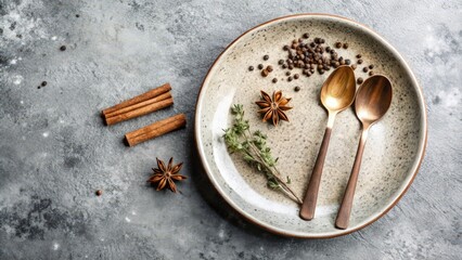 Plate with Spoons, Spices, and Herbs on Grey Surface